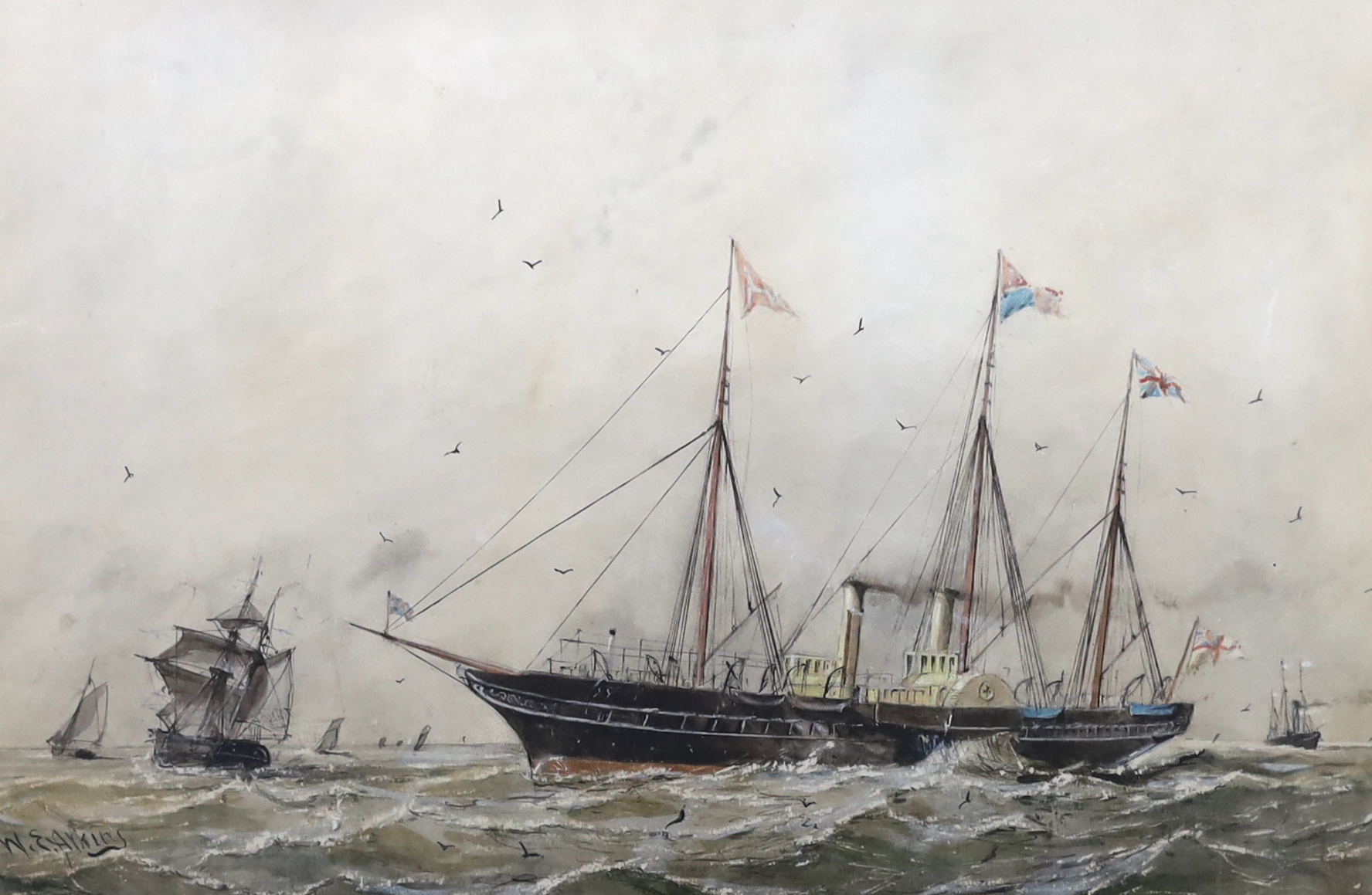 William Edward Atkins (British, 1842-1910), The Royal yacht Victoria & Albert (II), with Queen Victoria aboard, departing from Portsmouth Harbour, watercolour, 35 x 52cm